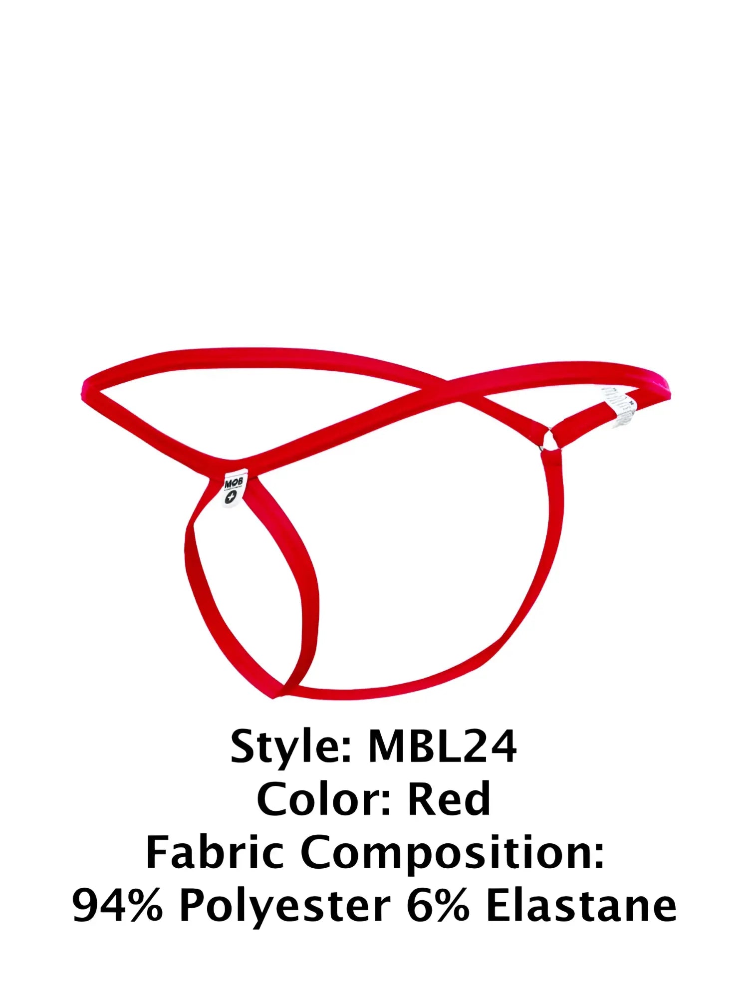 Red malebasics mbl24 tear drop thong with crisscross design elastic straps made of 94 polyester 6 elastane