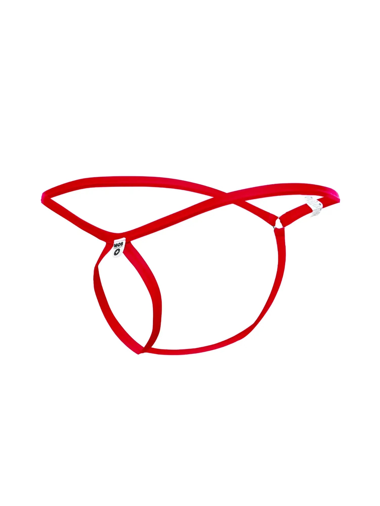 Malebasics mbl24 tear drop red thong featuring a crisscross design with a white plastic buckle visible from the back
