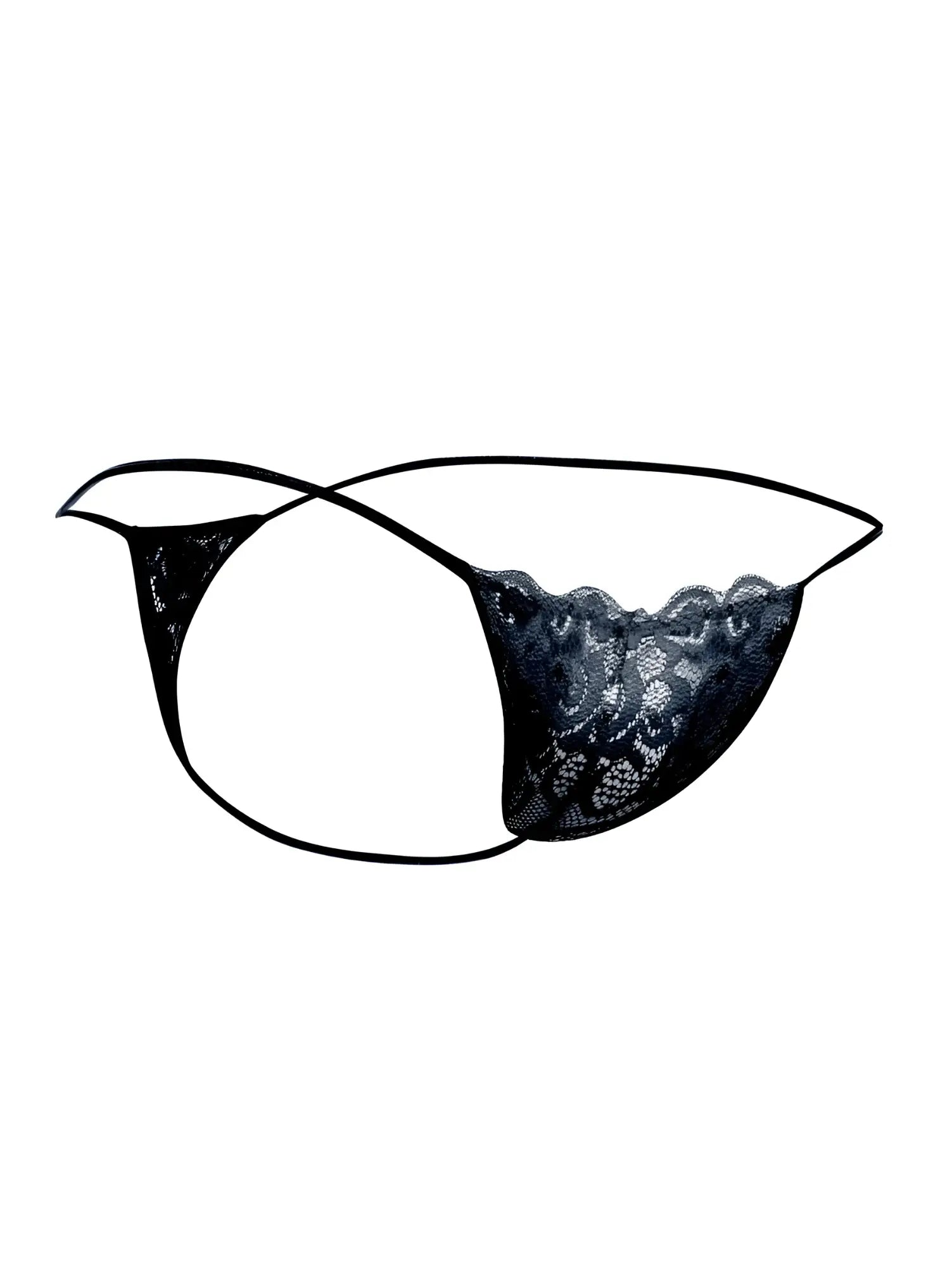 Black lace thong for men MaleBasics MBL27 with delicate floral patterns and adjustable elastic straps in black