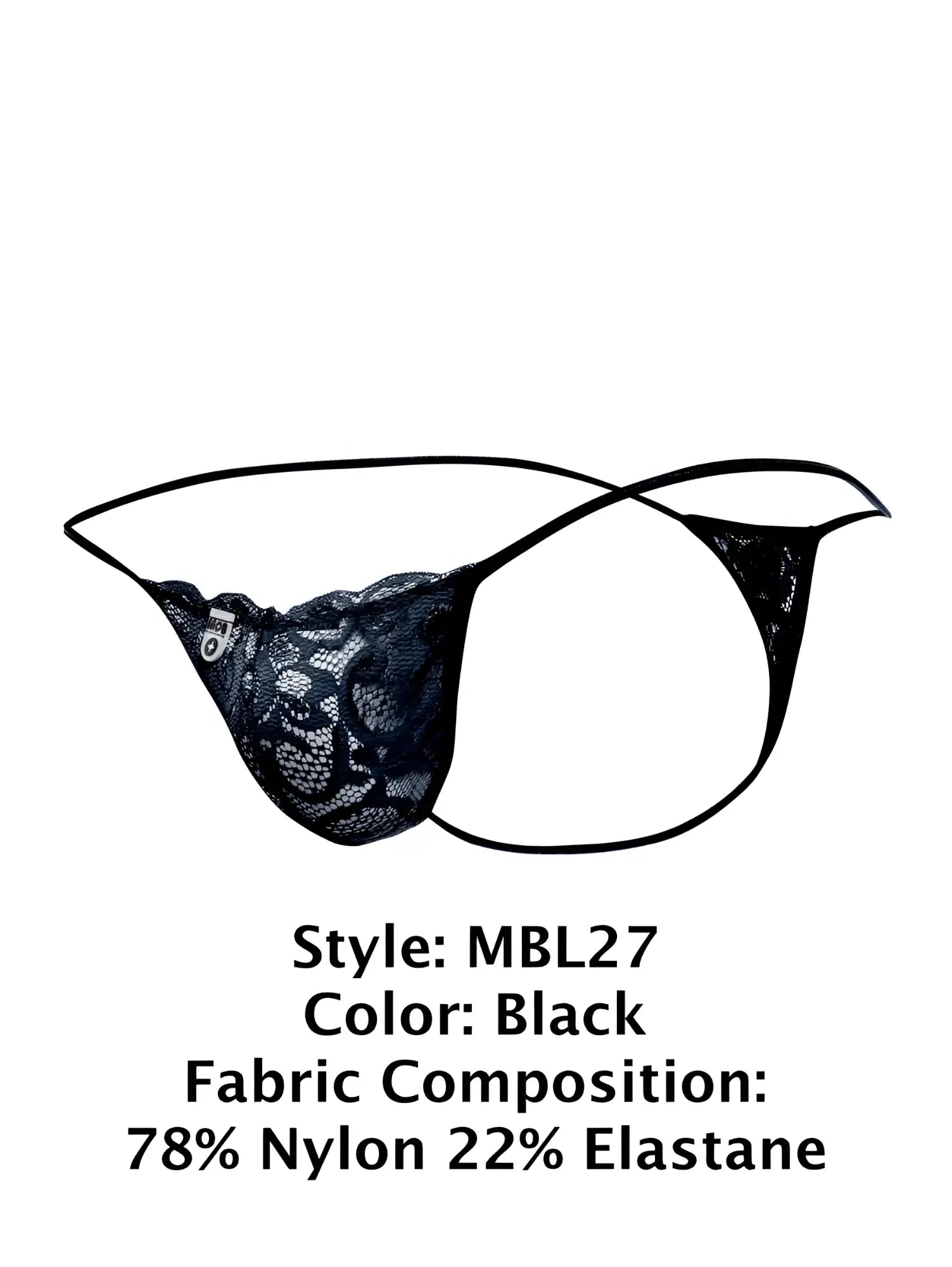 Black malebasics mbl27 lace thong with thin elastic straps and delicate floral pattern in back view