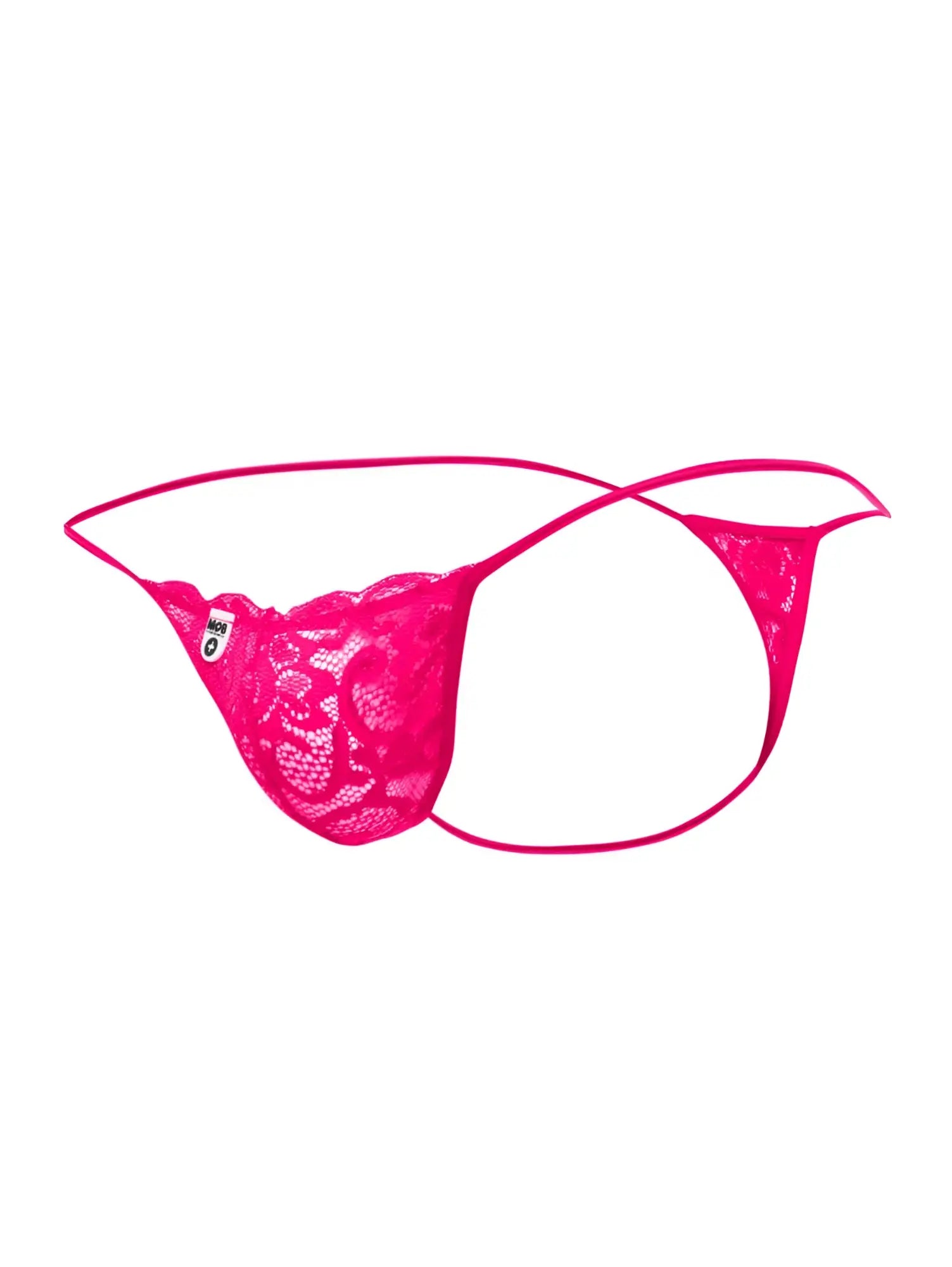 MaleBasics MBL27 bright pink lace thong with delicate floral pattern and thin matching elastic straps viewed from front