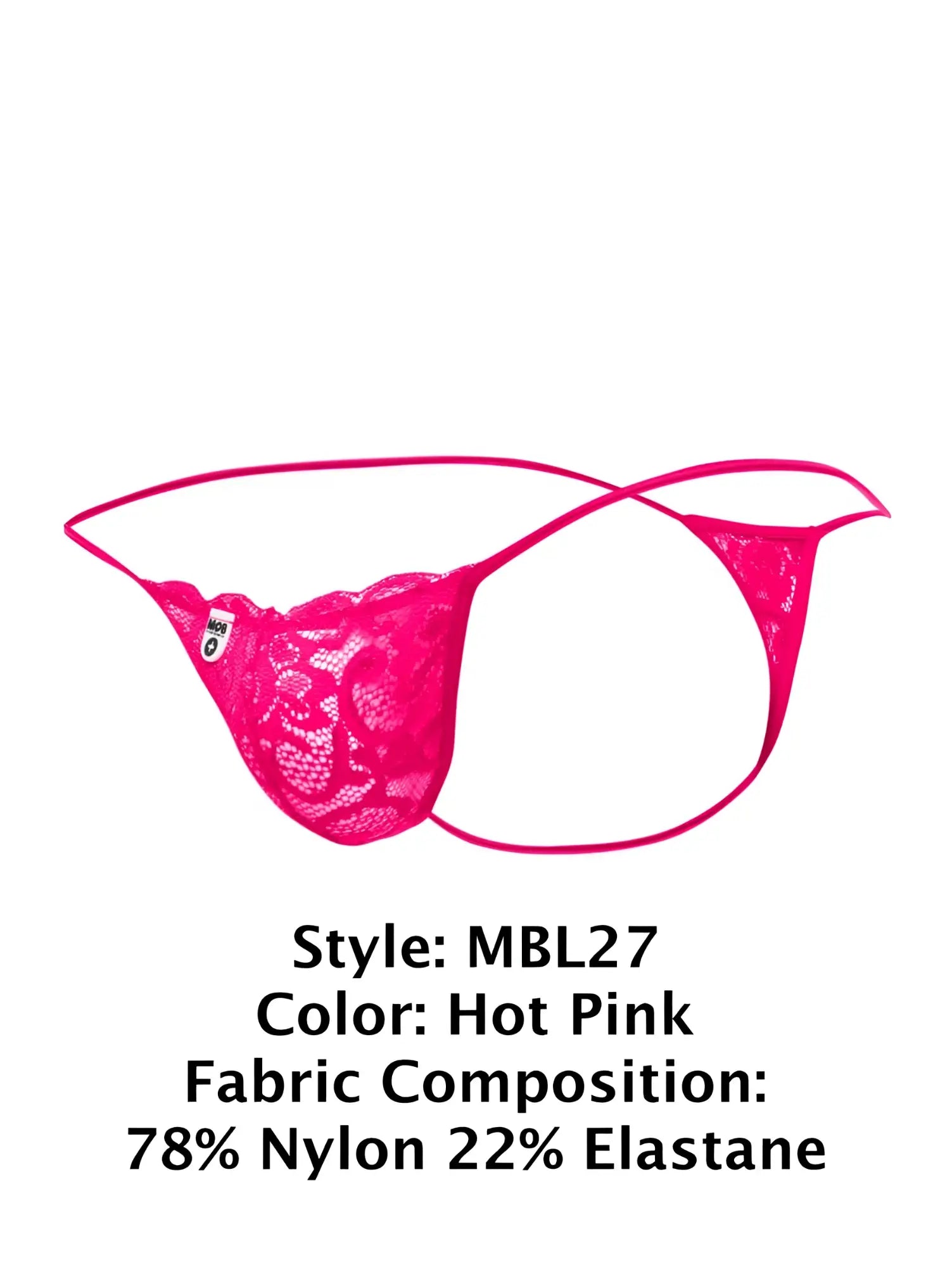 Malebasics mbl27 lace thong in hot pink with sheer patterned fabric and thin elastic straps for men
