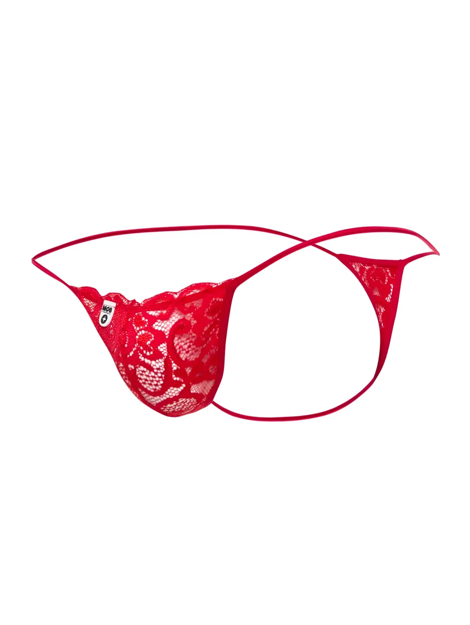 Malebasics mbl27 red lace thong with intricate floral patterns and thin matching elastic straps shown from the back