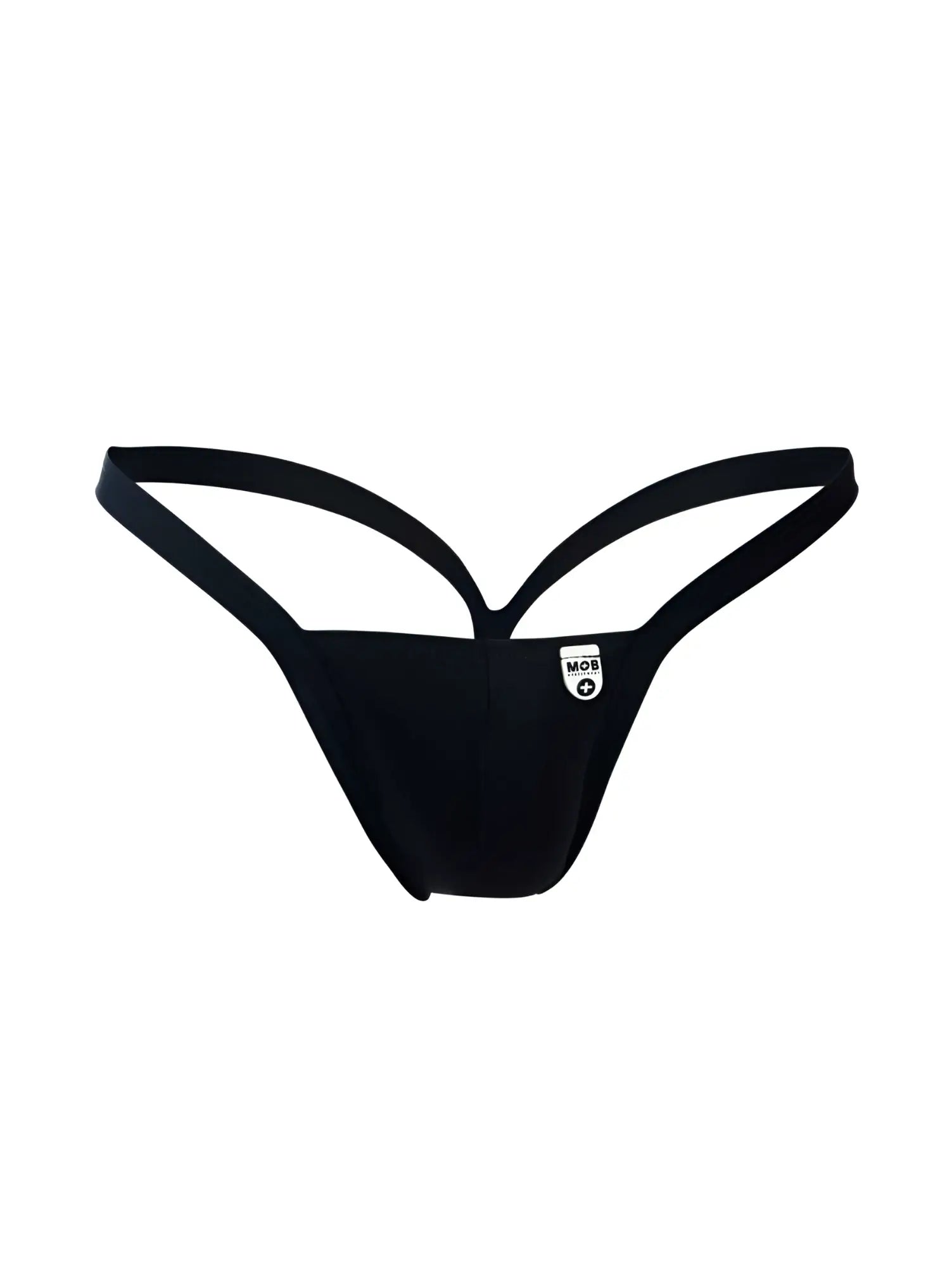 Black malebasics mbl52 y buns thong with sleek minimalist design and thin straps shown from the back side