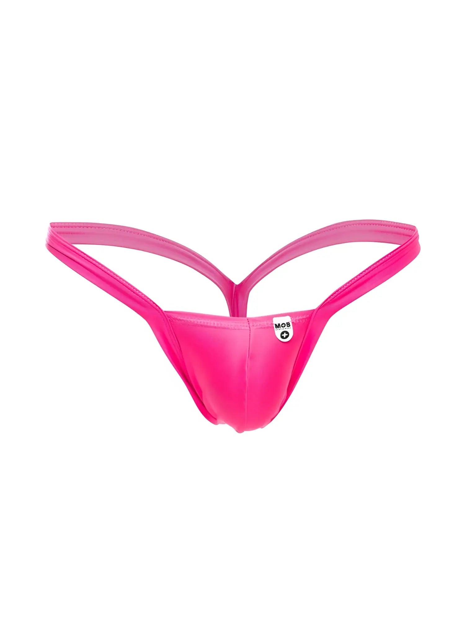 Malebasics mbl52 y buns thong in hot pink with seamless fabric and thin supportive straps shown from the back