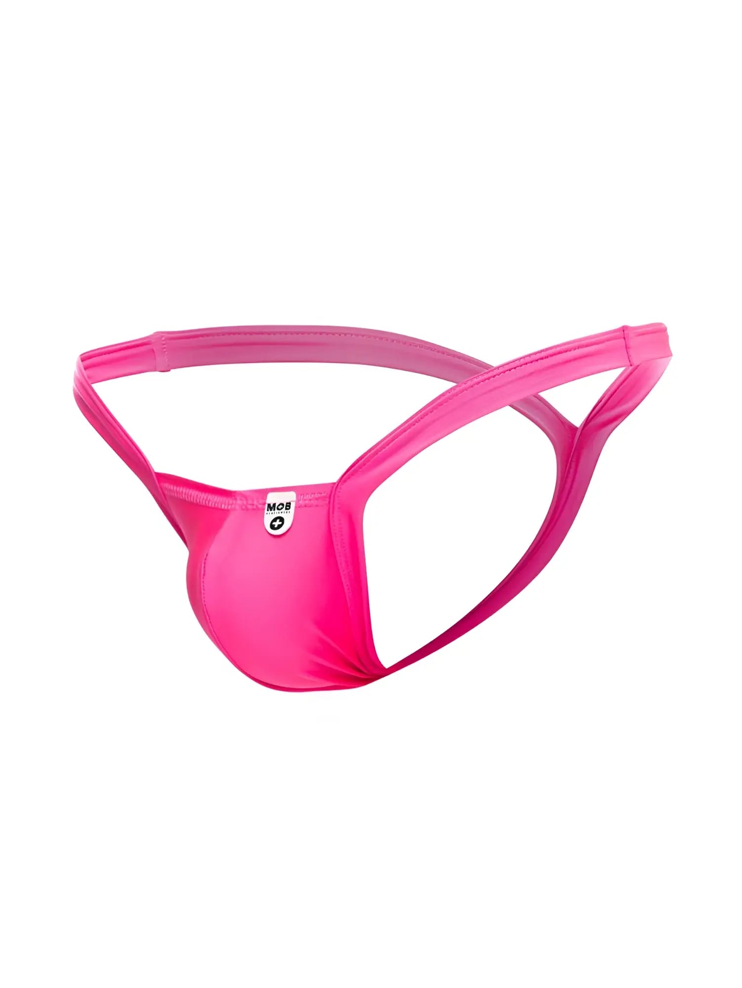 Bright pink sleek form-fitting malebasics mbl52 y buns thong with distinctive crisscross back design shown from back
