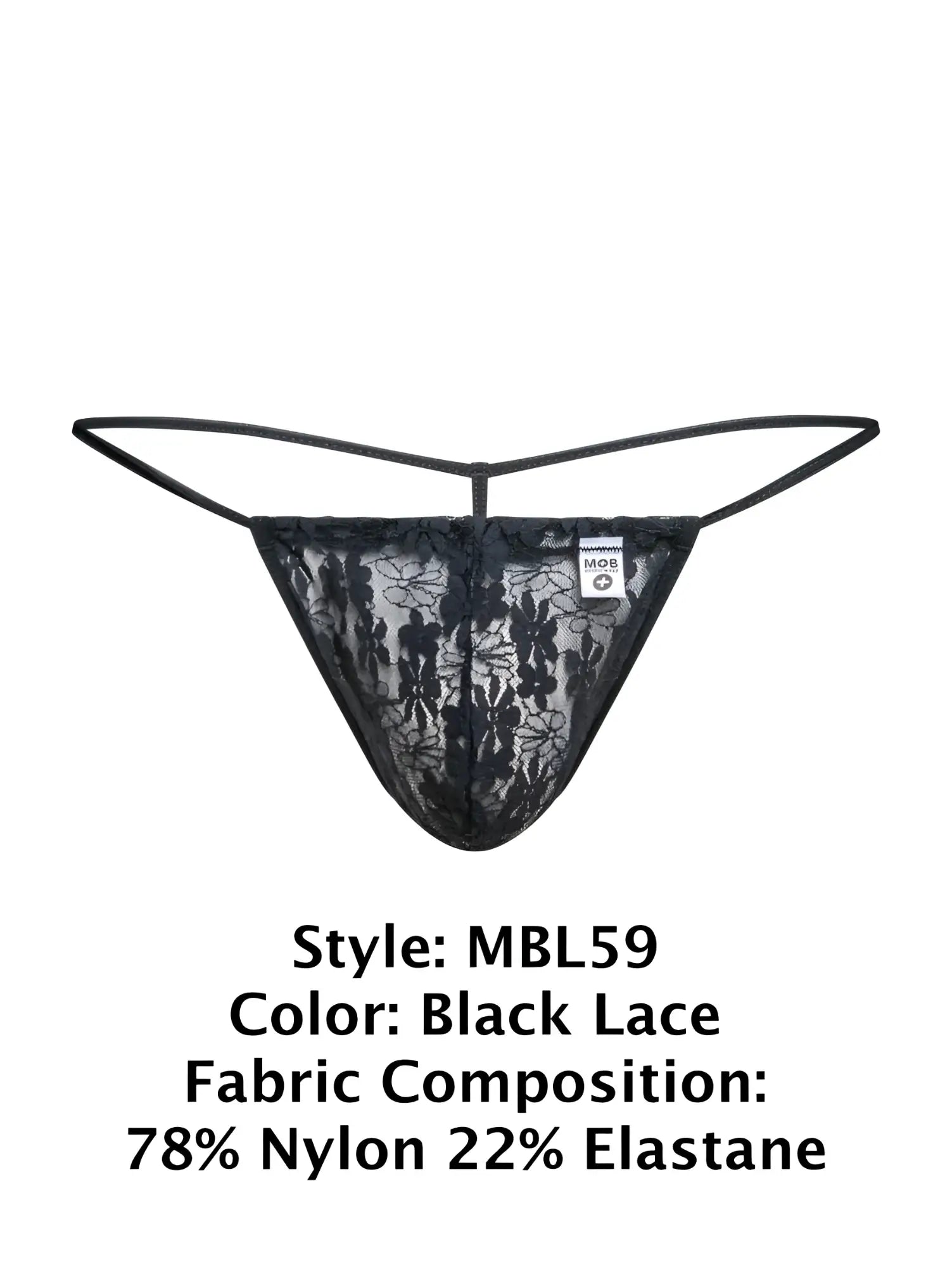 Black lace malebasics mbl59 lace g-string with delicate floral patterns and thin elastic straps front view