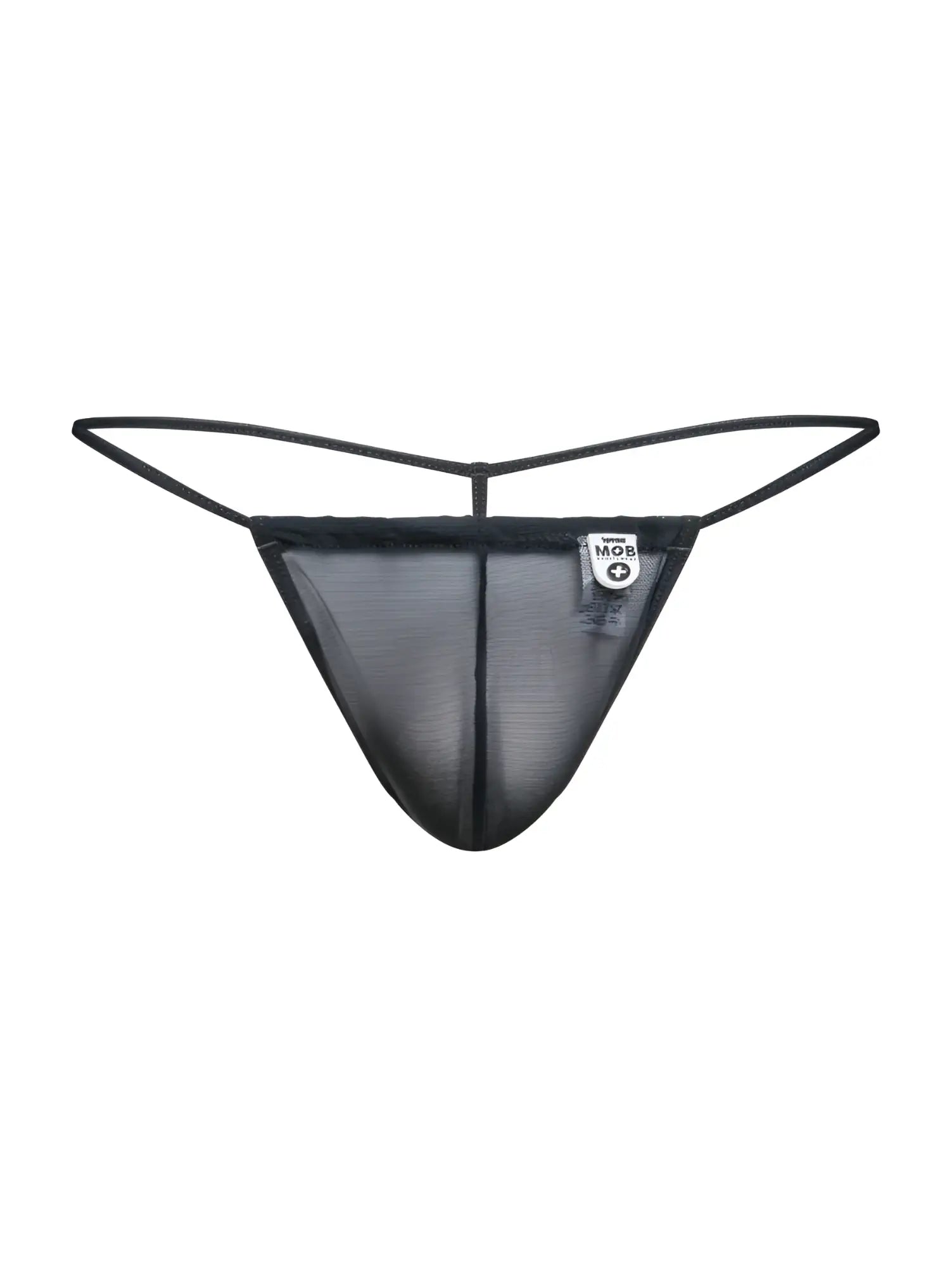 Malebasics mbl59 black mesh male g-string thong with thin elastic straps and small white brand tag shown from the back