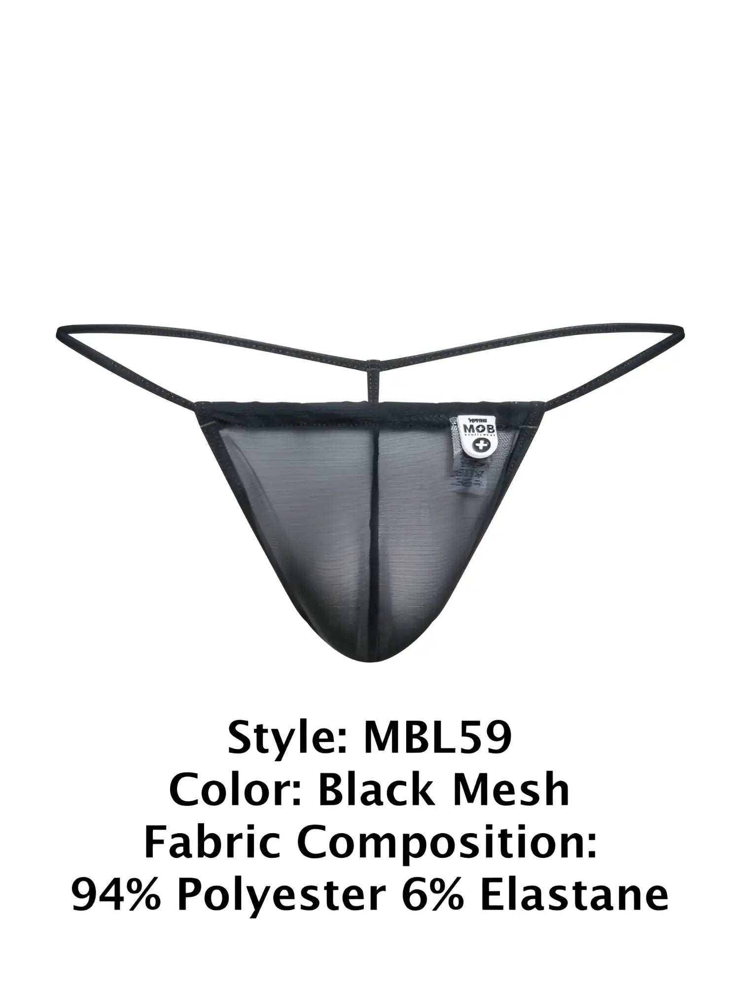 Black mesh malebasics mbl59 g-string thong with thin elastic straps and small white brand tag visible from the back