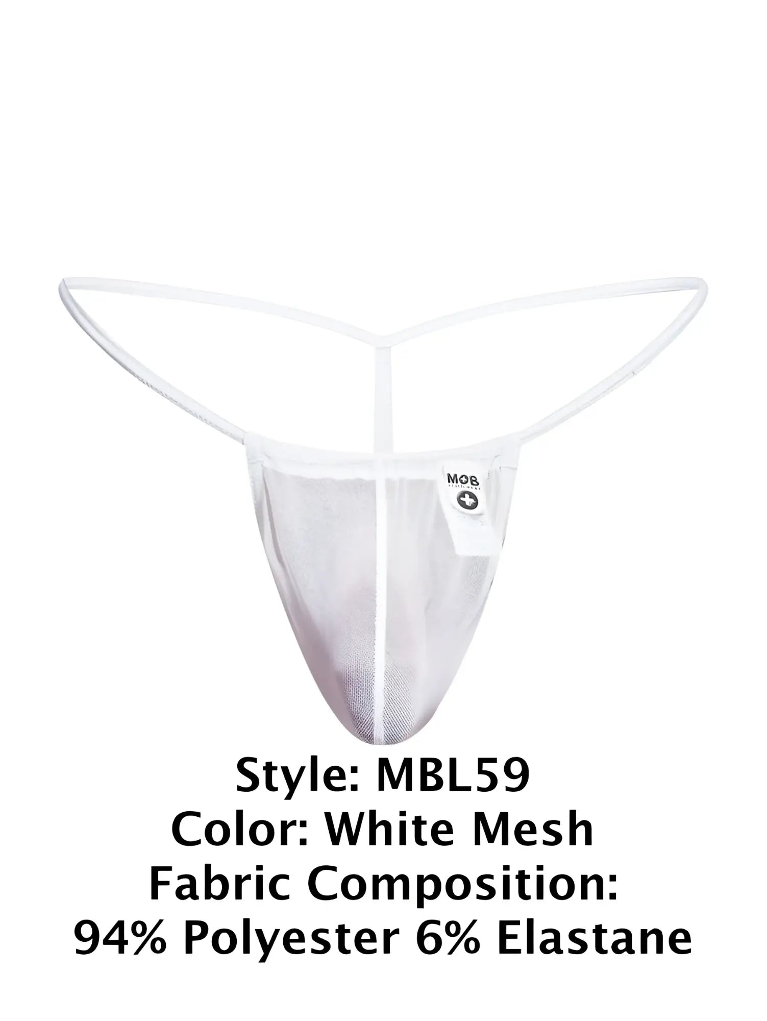 Malebasics mbl59 white mesh thong with y-shaped waistband made from 94 polyester 6 elastane with central seam