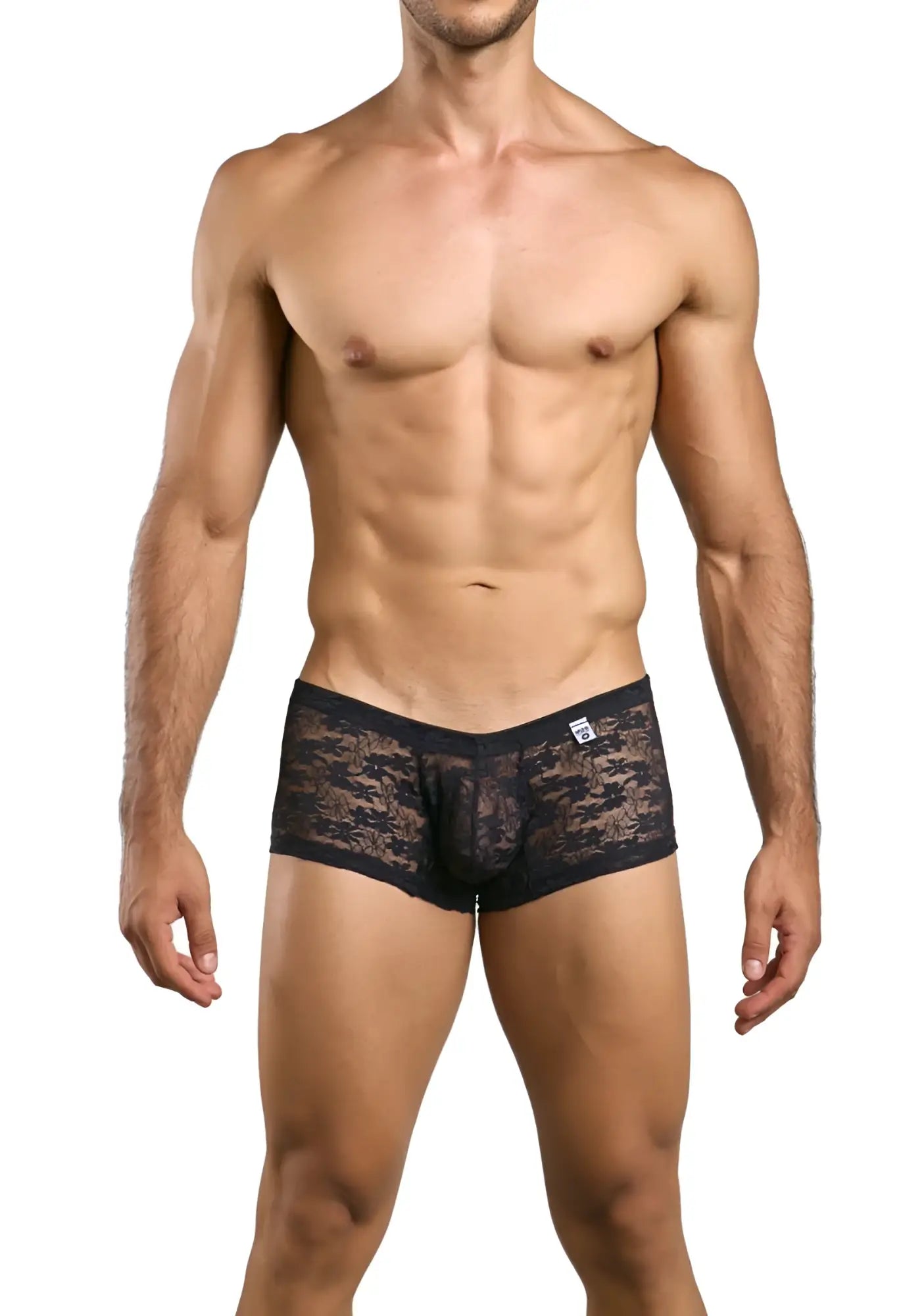 Malebasics mbl78 lace trunks black lace boxer briefs with subtle pattern and small white brand tag on waistband