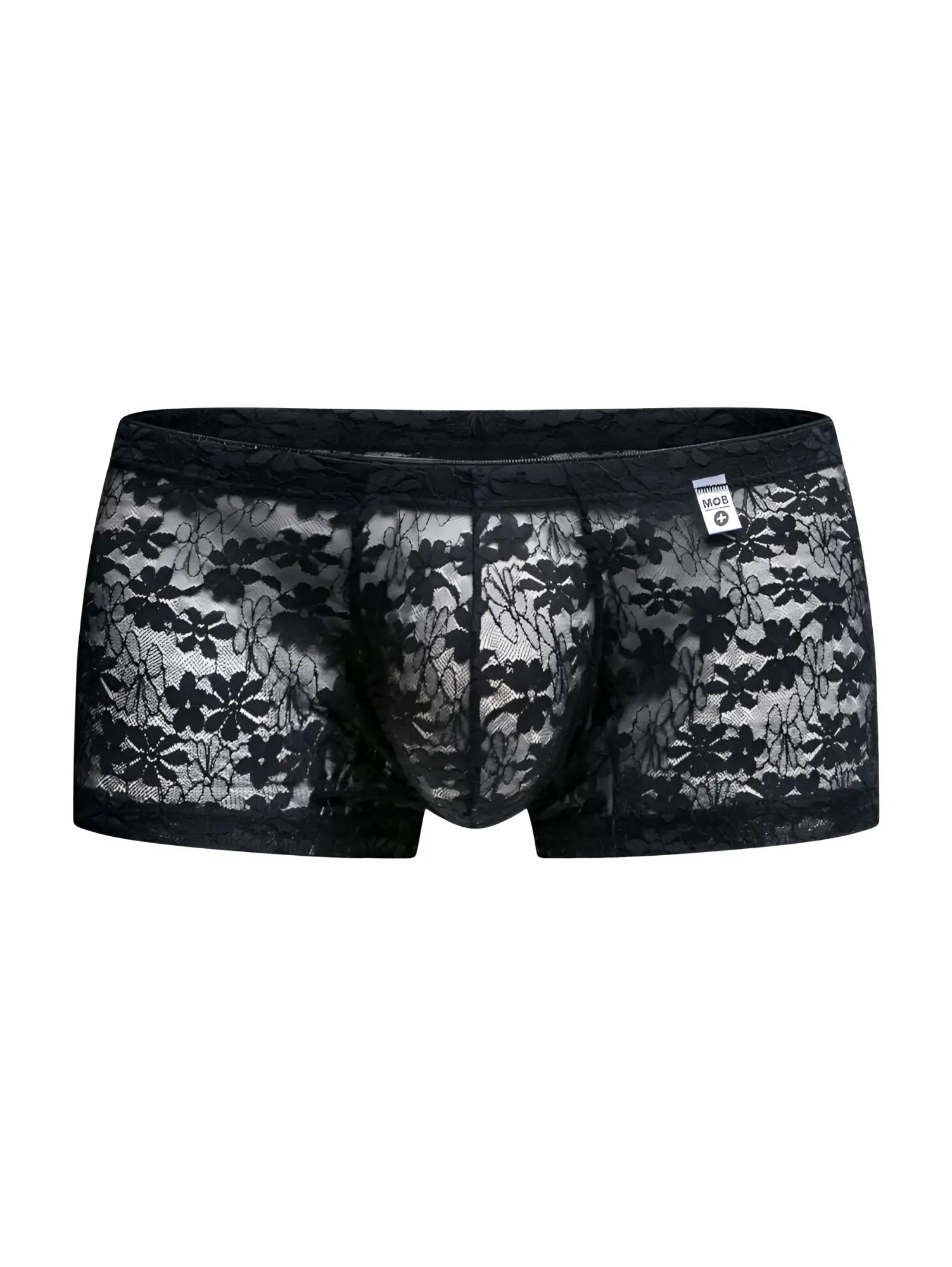 Malebasics mbl78 black lace trunks men’s briefs with sheer intricate floral lace and solid waistband front view