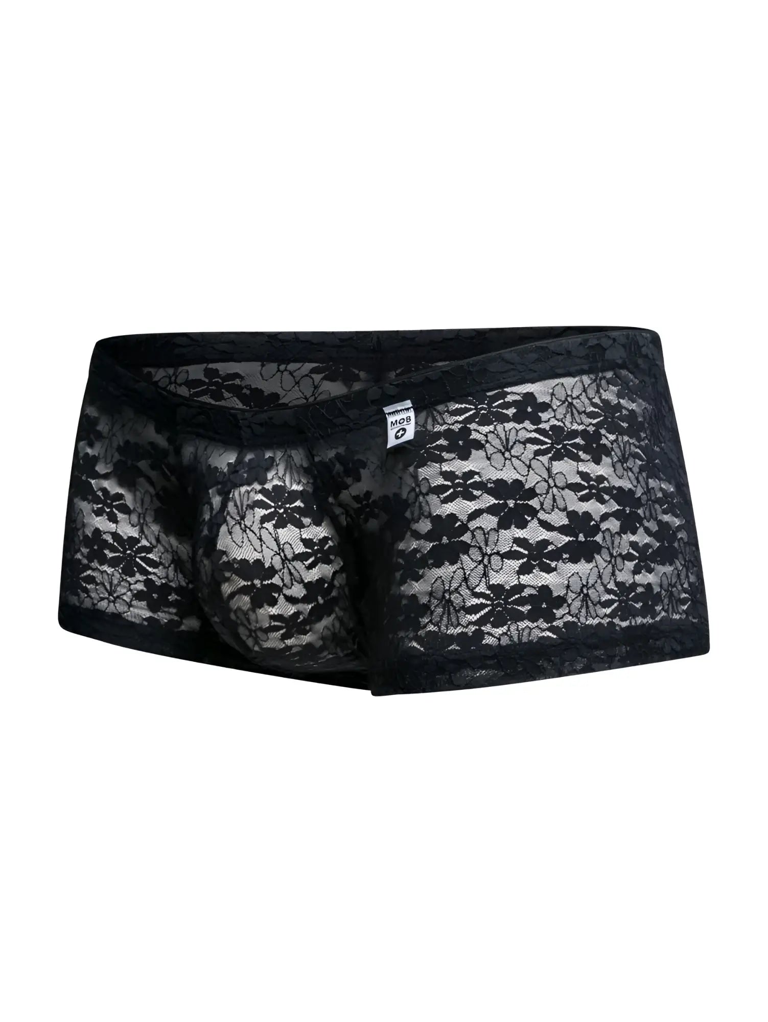 Malebasics mbl78 lace trunks black lace men’s underwear with sheer patterned floral lace design front view