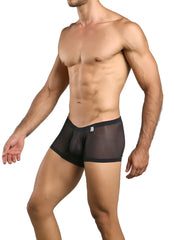 Malebasics mbl78 lace trunks black mesh briefs with solid waistband and small white logo on the front