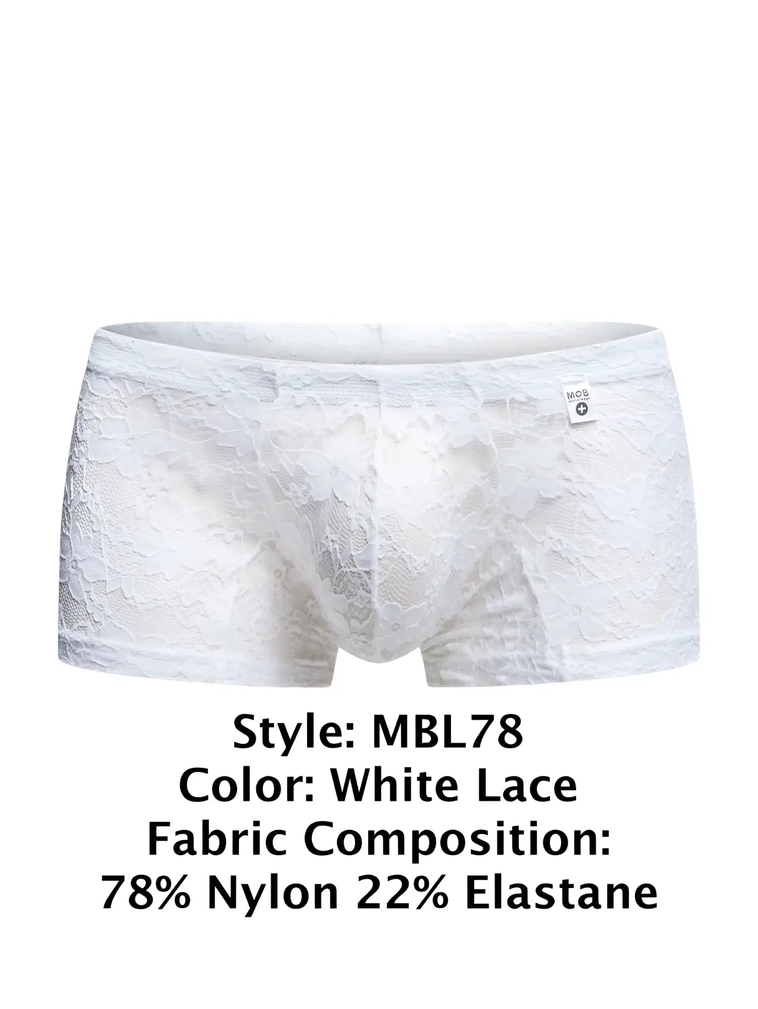 Malebasics mbl78 lace trunks white lace men’s briefs in delicate floral pattern made from 78% nylon 22% elastane