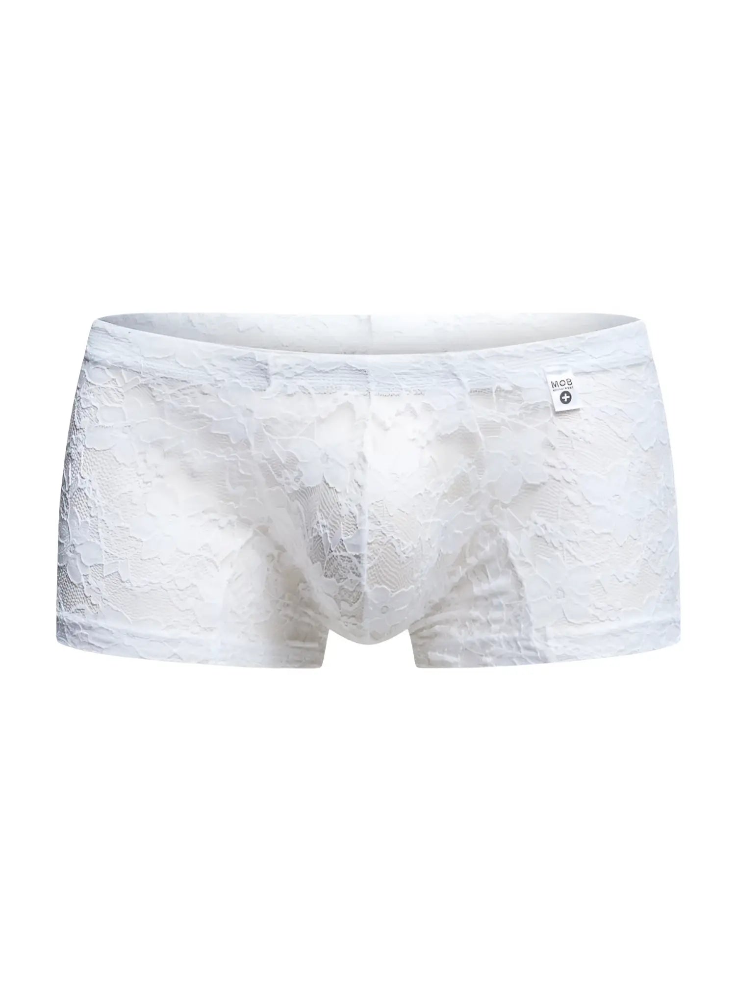 White lace men’s briefs with delicate floral pattern and small brand tag on waistband from malebasics mbl78 lace trunks