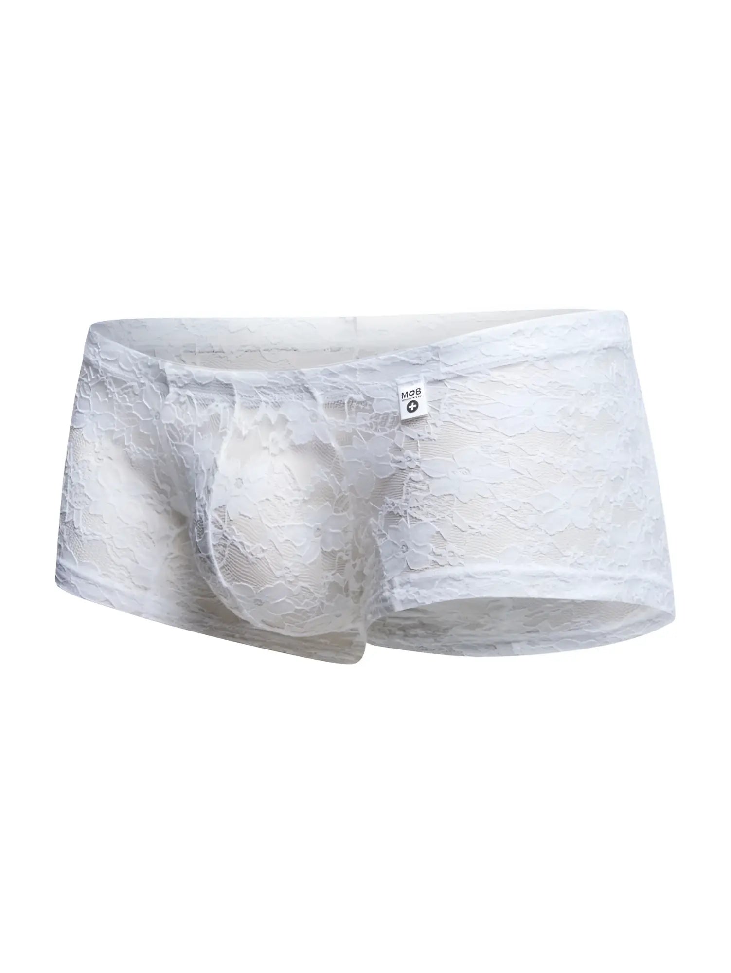 MaleBasics MBL78 lace trunks in white lace with a delicate floral pattern and soft sheer fabric for men