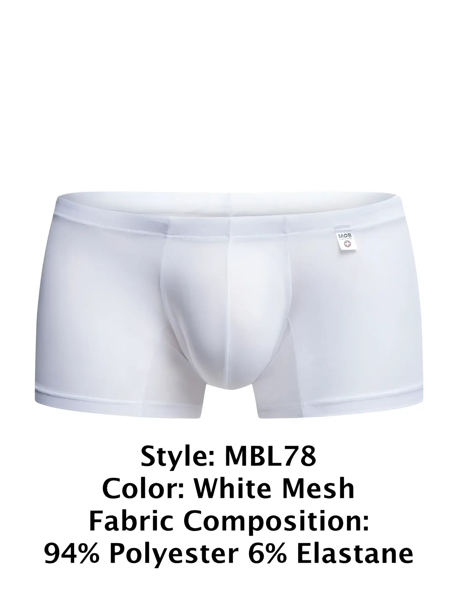MaleBasics MBL78 lace trunks in white mesh with a sleek form-fitting design and subtle elastic waistband
