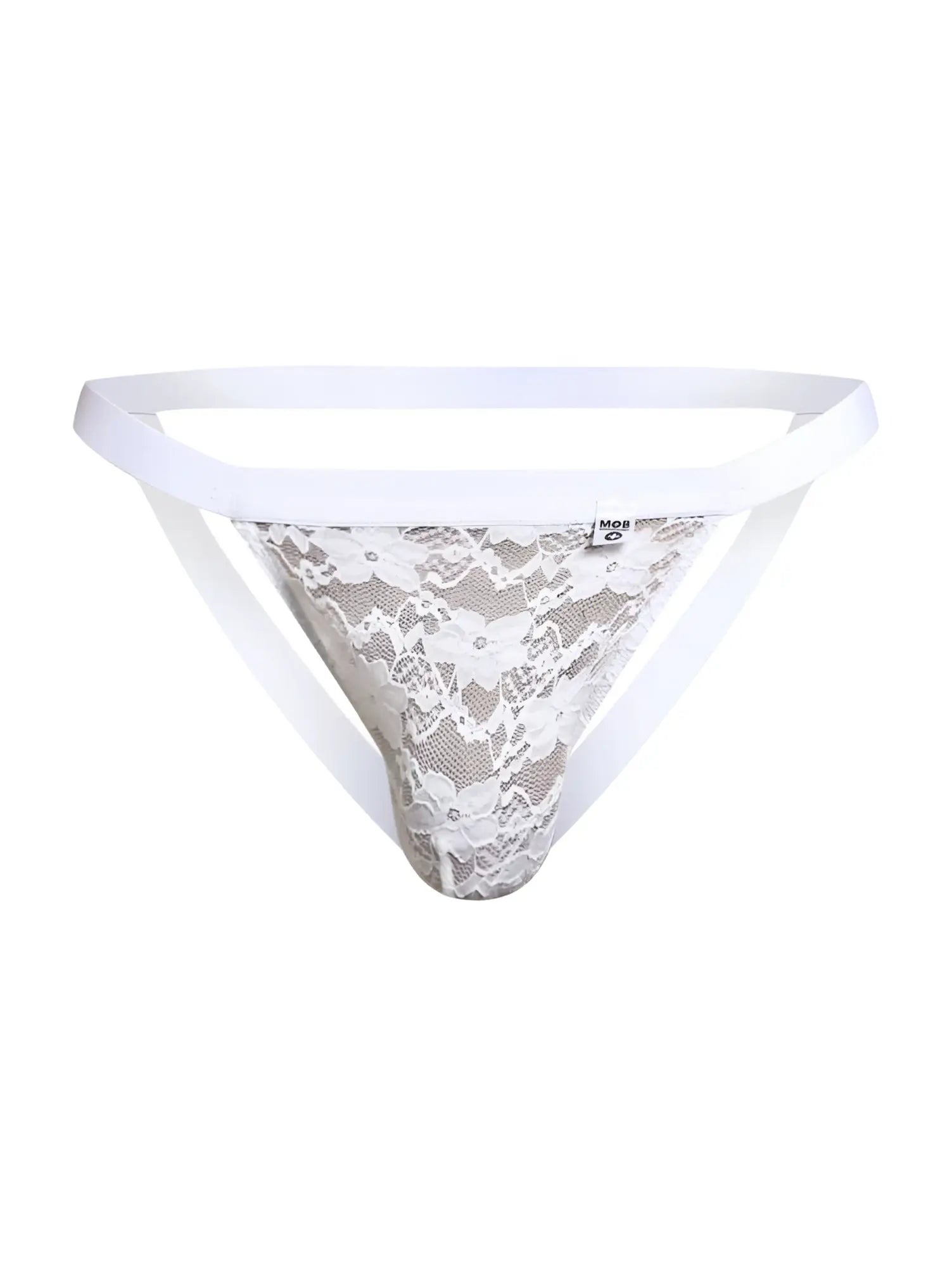 Malebasics mbl82 sexy jockstrap in white lace with delicate floral patterns and a solid white waistband front view