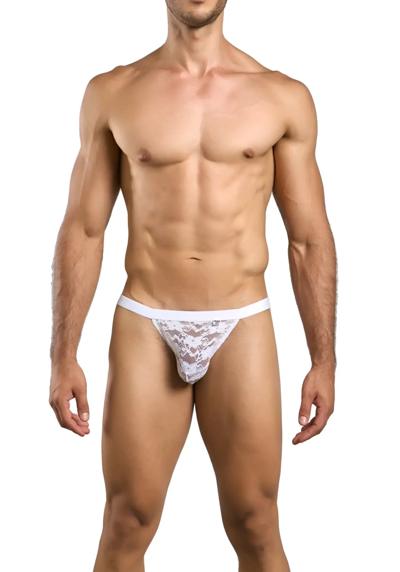Malebasics mbl82 white lace jockstrap featuring a delicate floral pattern and solid white waistband shown from the back