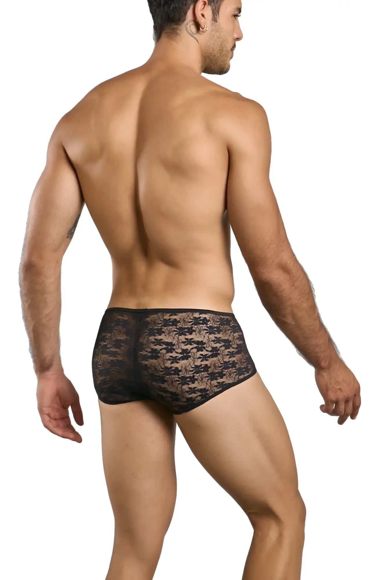Malebasics mbl83 loop cheeky trunks black lace briefs with delicate floral pattern showing front side