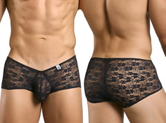 Malebasics mbl83 loop cheeky trunks black lace mens underwear with sheer patterned floral lace design front view