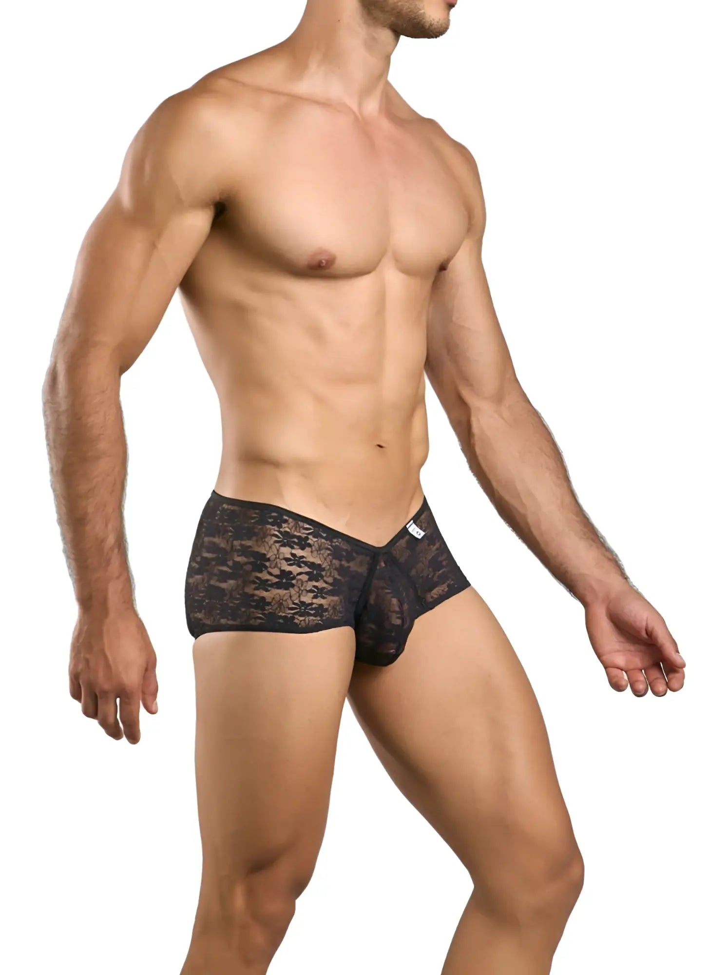 Malebasics mbl83 loop cheeky trunks in black lace featuring sheer patterned fabric for men’s briefs front view
