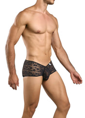 Malebasics mbl83 loop cheeky trunks in black lace featuring sheer patterned fabric for men’s briefs front view