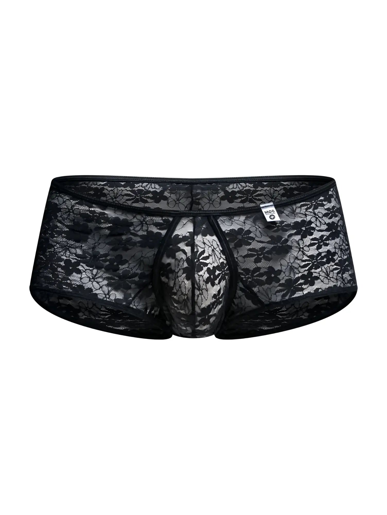 Malebasics mbl83 loop cheeky trunks black lace men’s underwear with floral pattern and elastic waistband shown from back