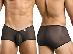 MaleBasics MBL83 Loop cheeky trunks in black sheer mesh with solid black waistband and trim for men