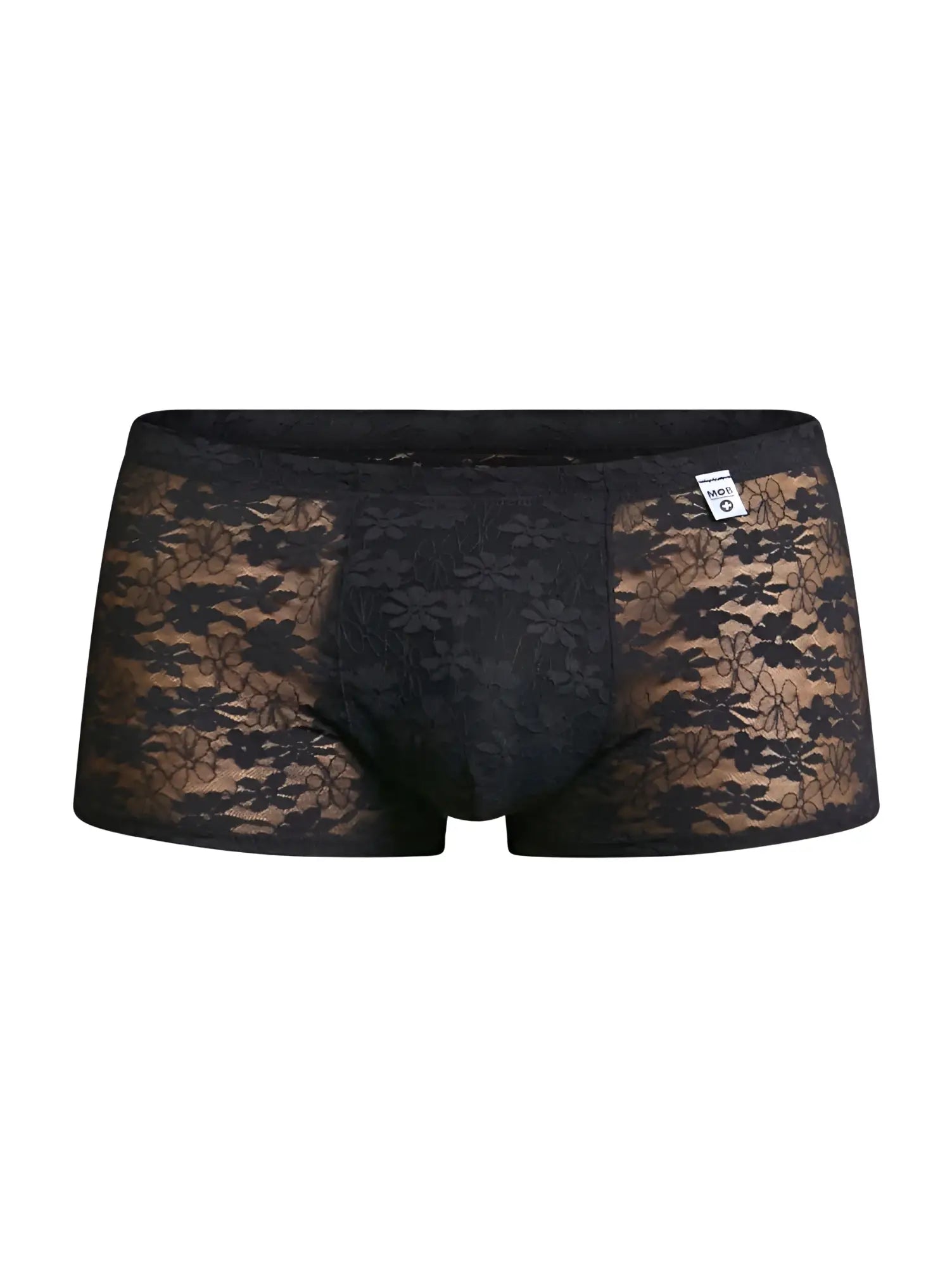 Black lace boxer briefs with floral pattern and branded waistband tag from malebasics mbl84 classic pouch trunks