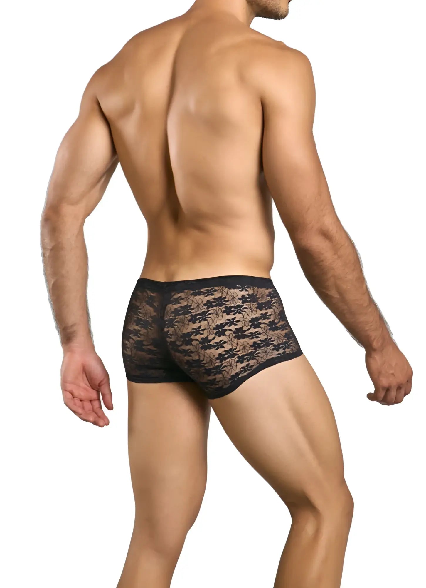 Malebasics mbl84 classic pouch trunks black lace boxer briefs with subtle brown floral pattern front view