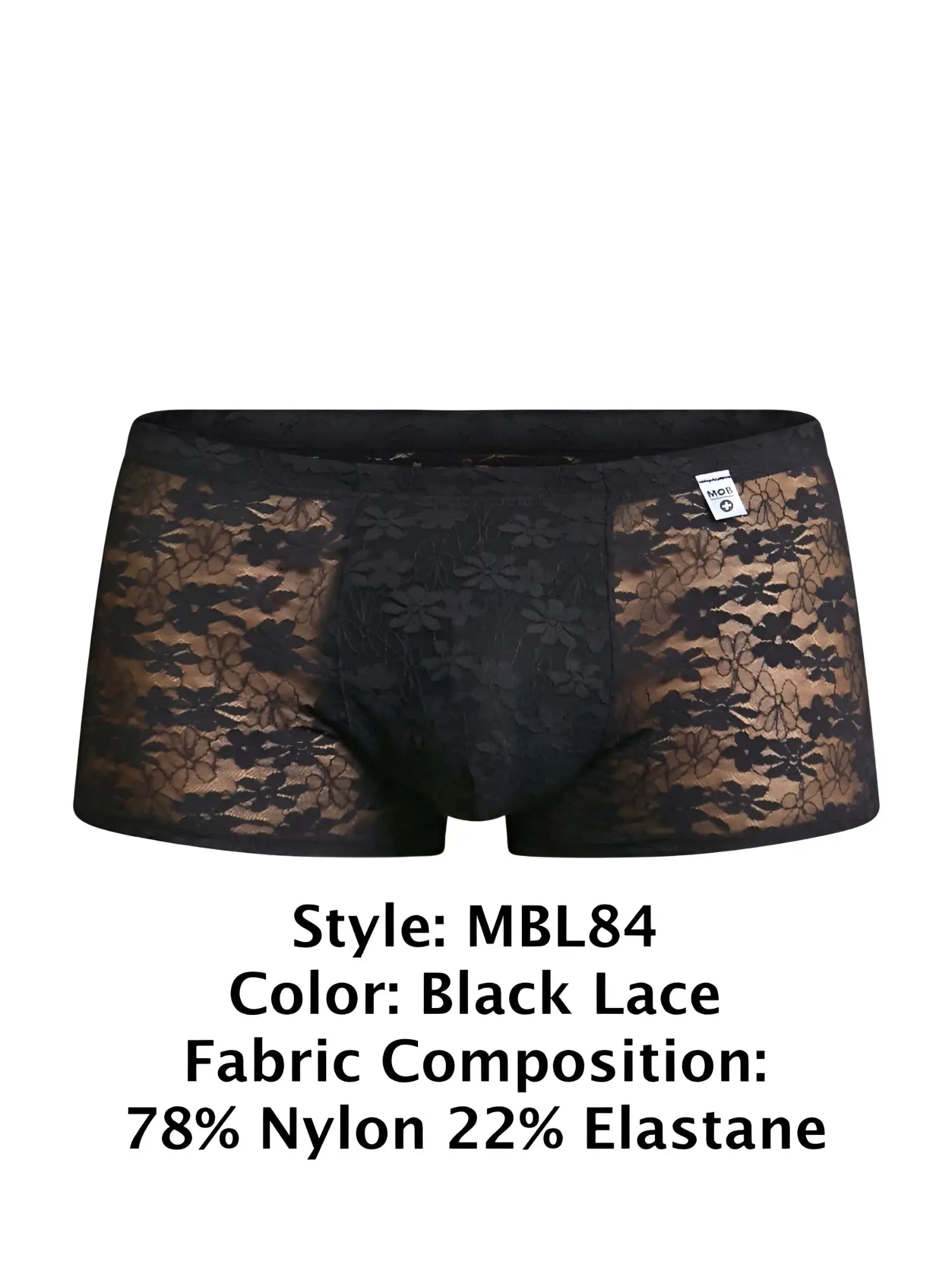 Black lace men’s briefs with floral pattern made from 78 nylon 22 elastane by malebasics mbl84 classic pouch trunks