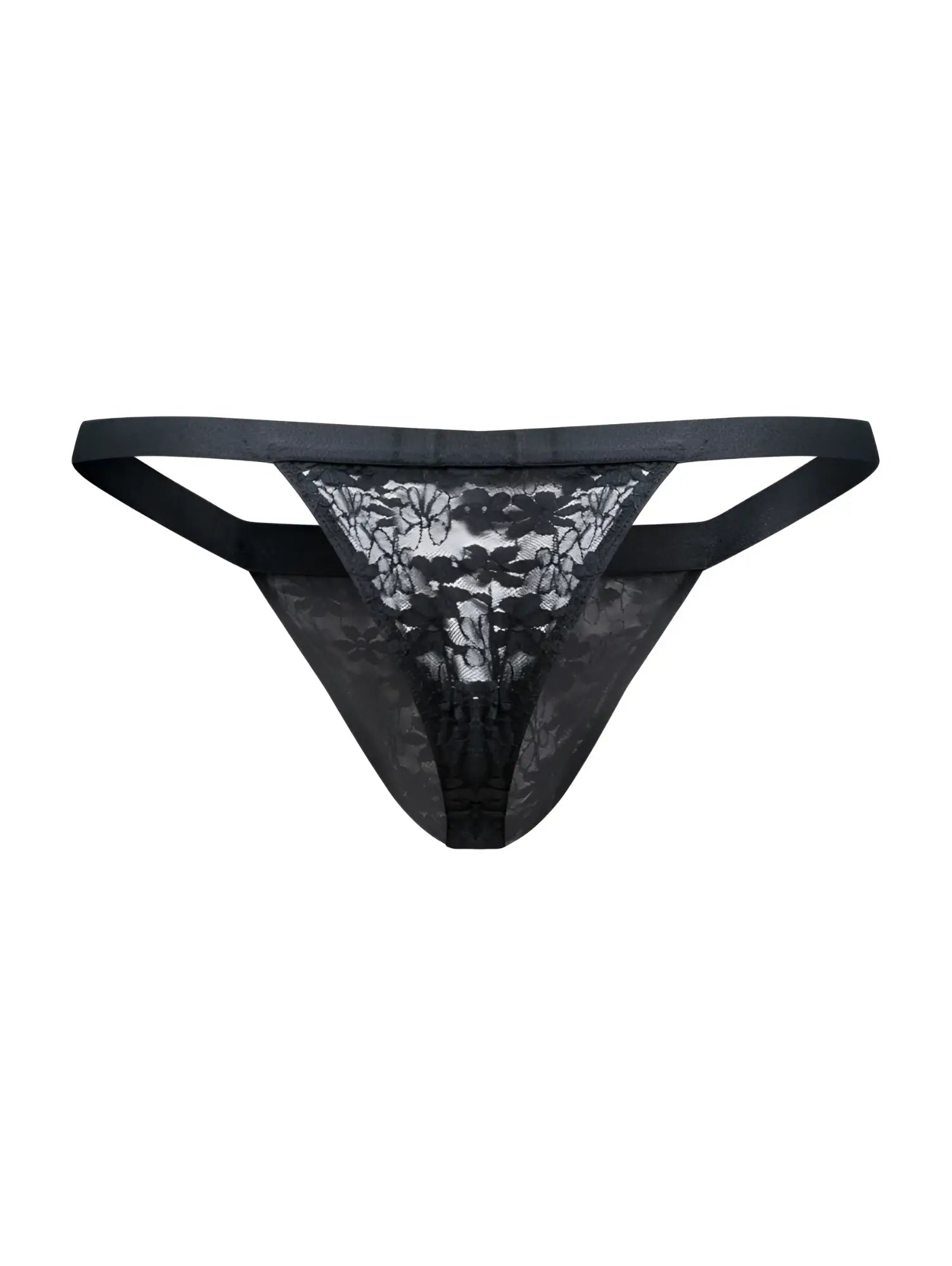 Black lace thong with floral pattern and satin-like waistband from malebasics mbl85 y sexy thongs in black