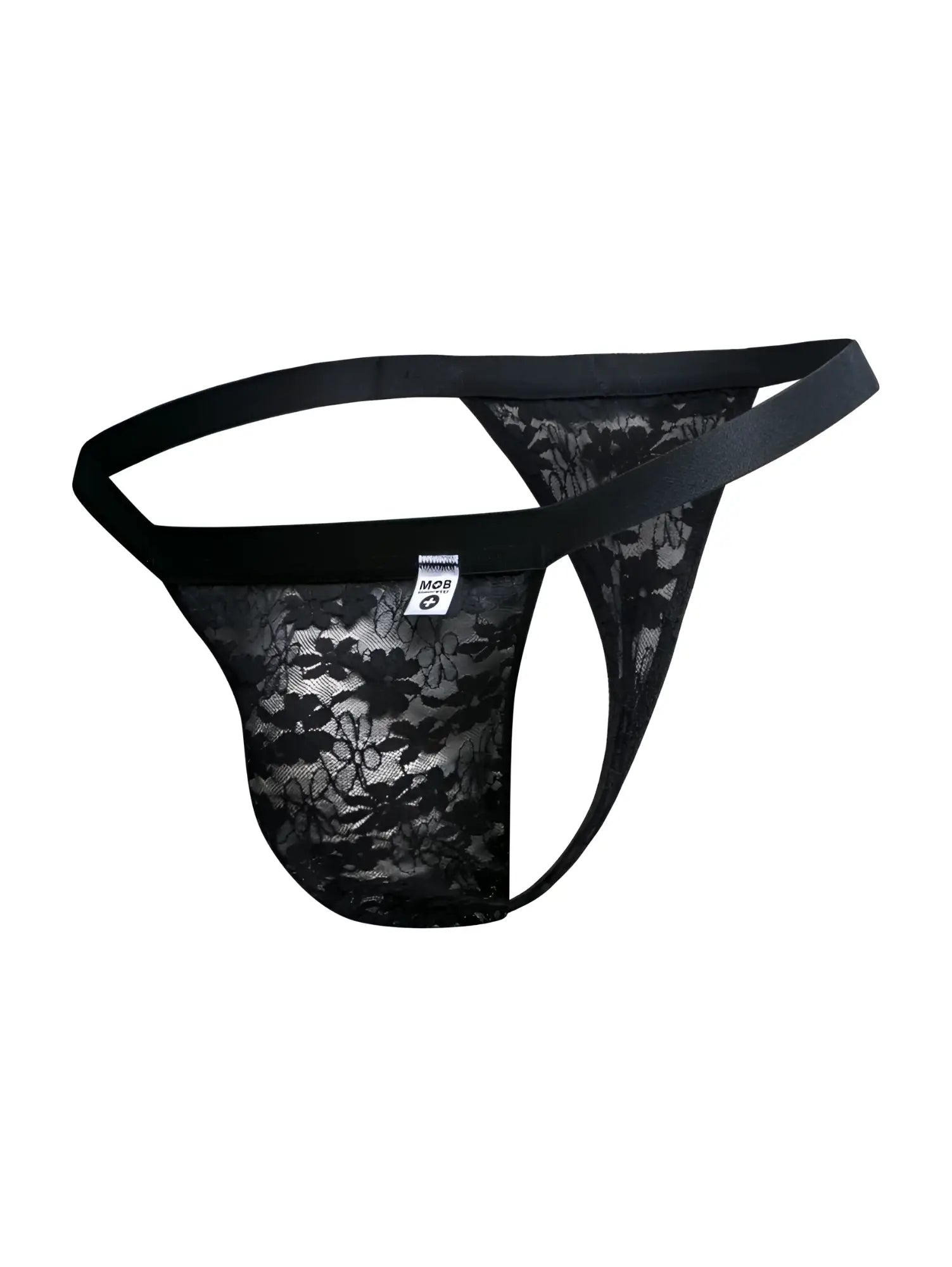 Malebasics mbl85 y sexy thong in black lace with solid black elastic waistband and side straps front view
