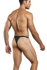 Malebasics mbl85 y sexy thong in black lace with a solid black waistband showing the front side of the product