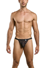 Malebasics mbl85 y sexy thong in black lace with subtle pattern and small white logo on waistband front view