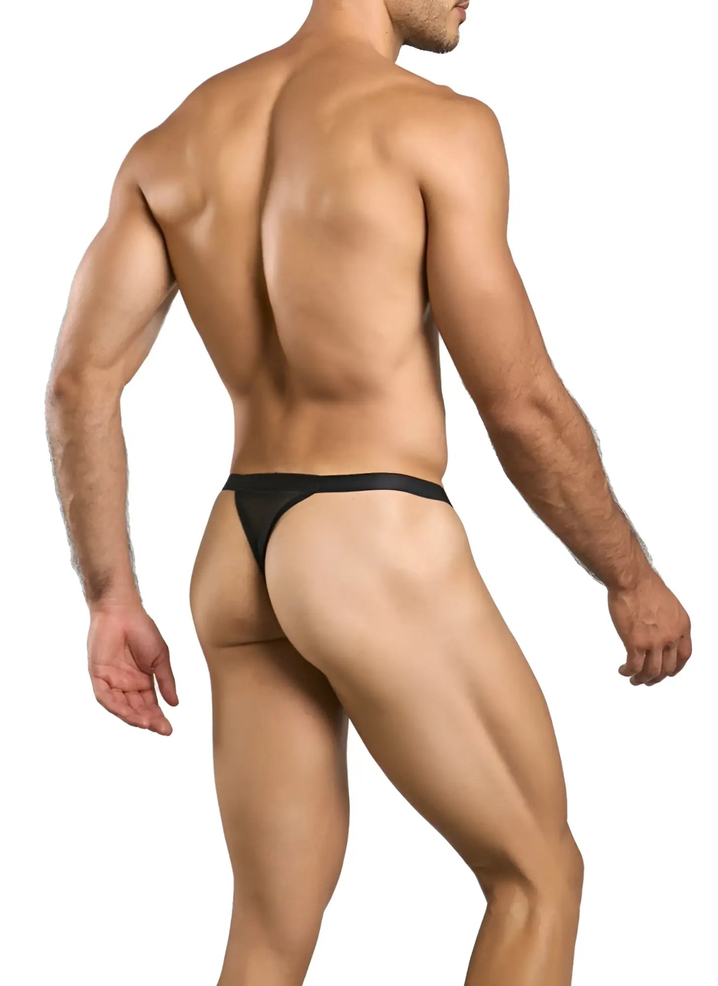 Malebasics mbl85 y sexy thong in black mesh with smooth stretchy fabric and narrow waistband shown from the back