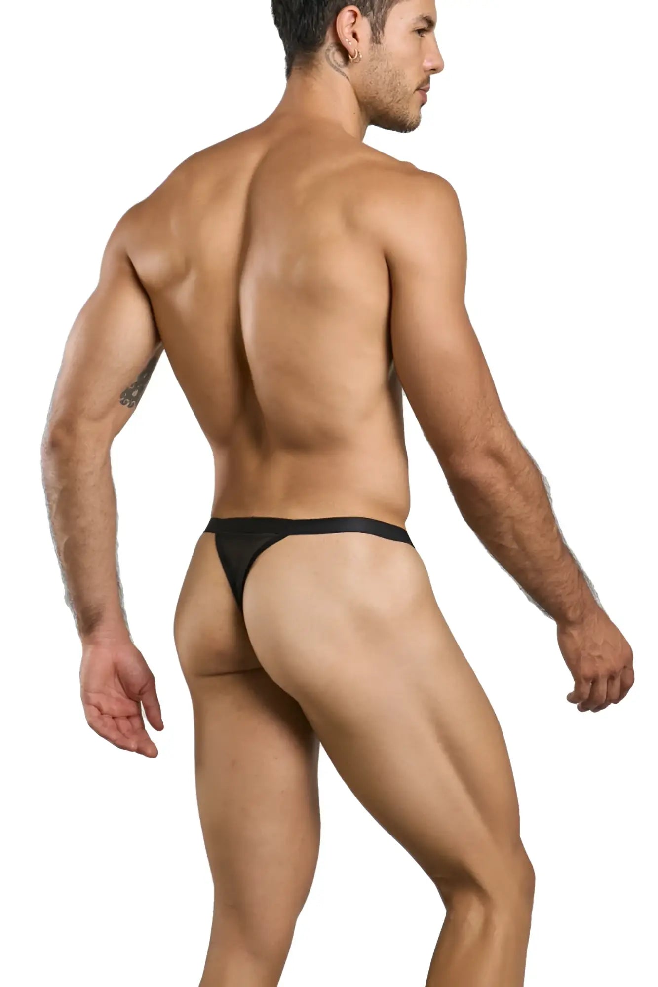 Black mesh male basics mbl85 y sexy thong with a smooth form-fitting design showing the back side of the product