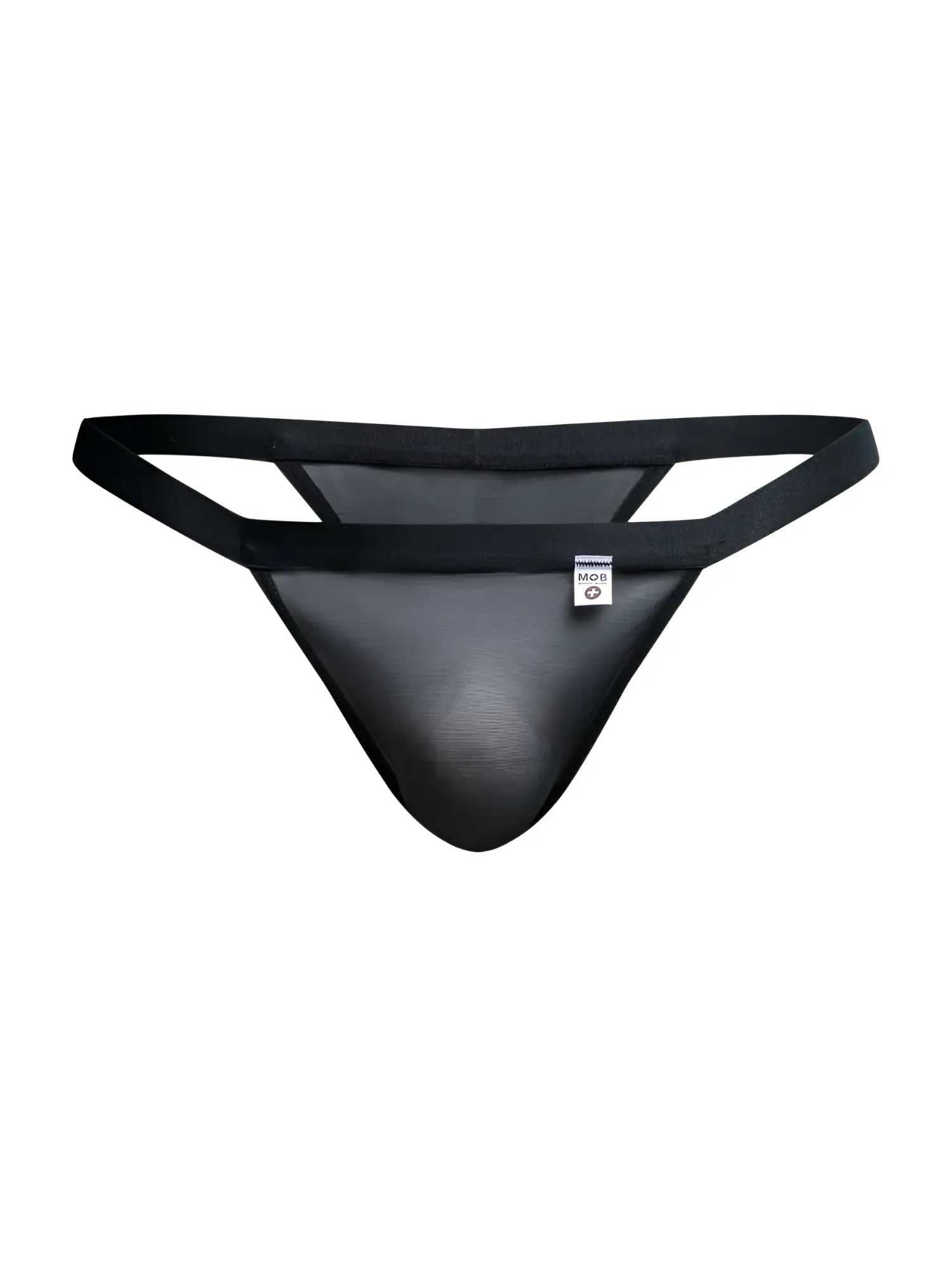 MaleBasics MBL85 Y sexy thong in black mesh with solid black waistband and side straps shown from the back side