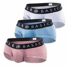 MaleBasics mens brief 3 pack with white, blue chevron, and red stripe designs and black elastic waistbands branded le basics