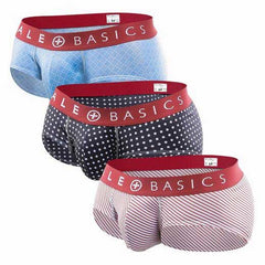 Malebasics mens brief 3-pack featuring red elastic waistbands with white lettering and assorted patterned briefs