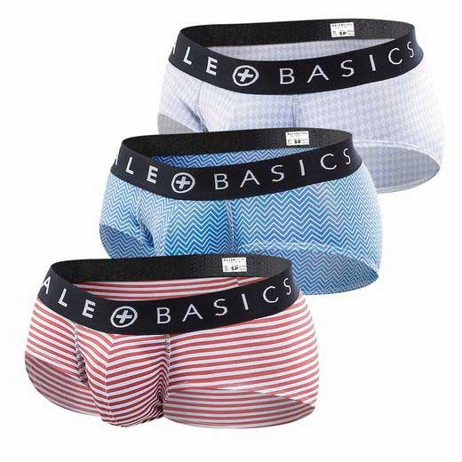 Set of three male basics mens briefs in white blue chevron and red stripes with black elastic waistband branding