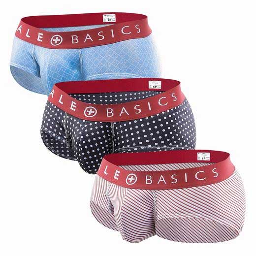 Malebasics mens brief 3-pack with red elastic waistbands featuring light blue black polka dots and pink stripe patterns