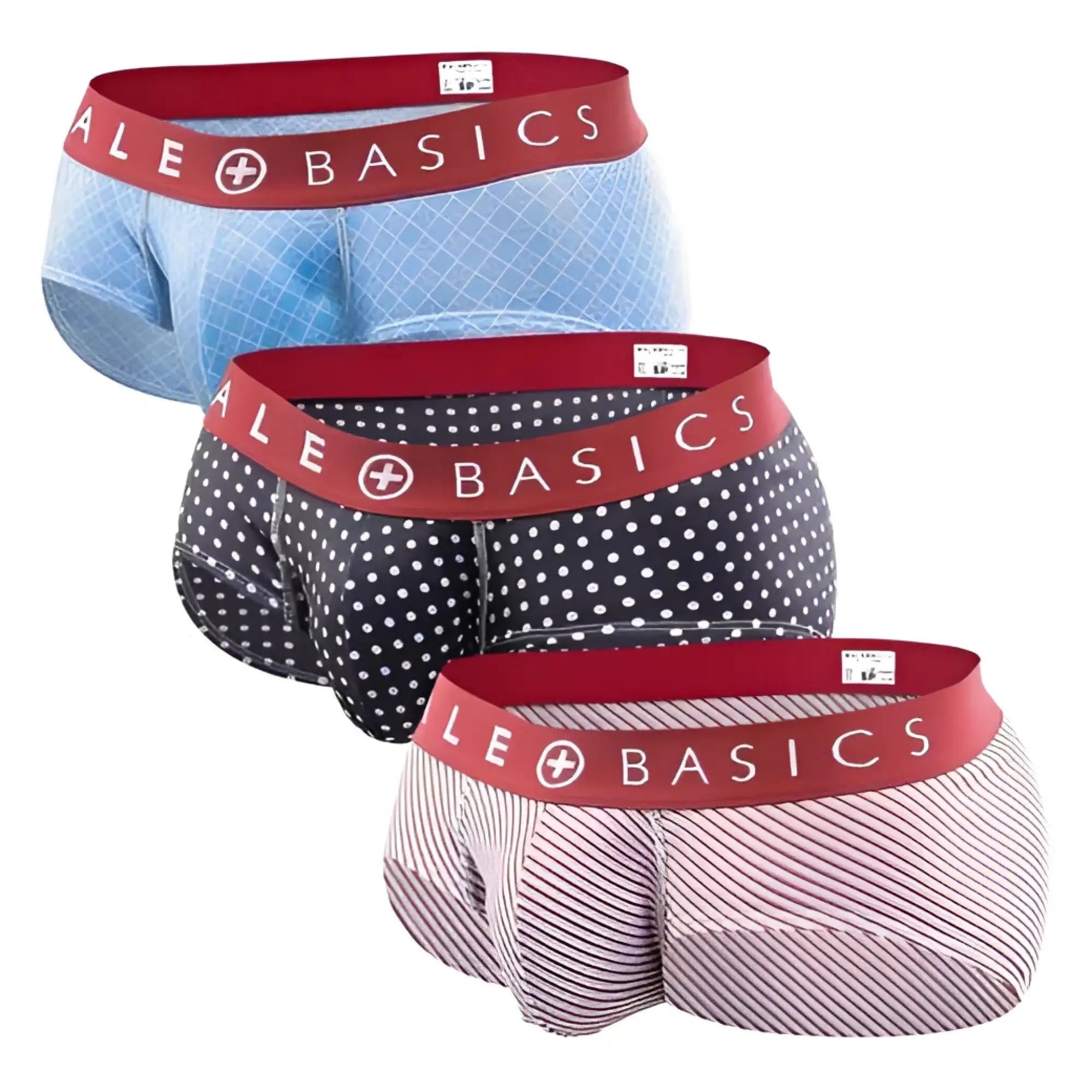 Malebasics mens brief 3-pack featuring red elastic waistbands with white lettering and assorted patterned briefs