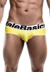 Bright yellow malebasics men’s sports performance hip briefs with white waistband and black lettering