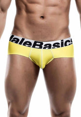Bright yellow malebasics men’s sports performance hip briefs with white waistband and black lettering