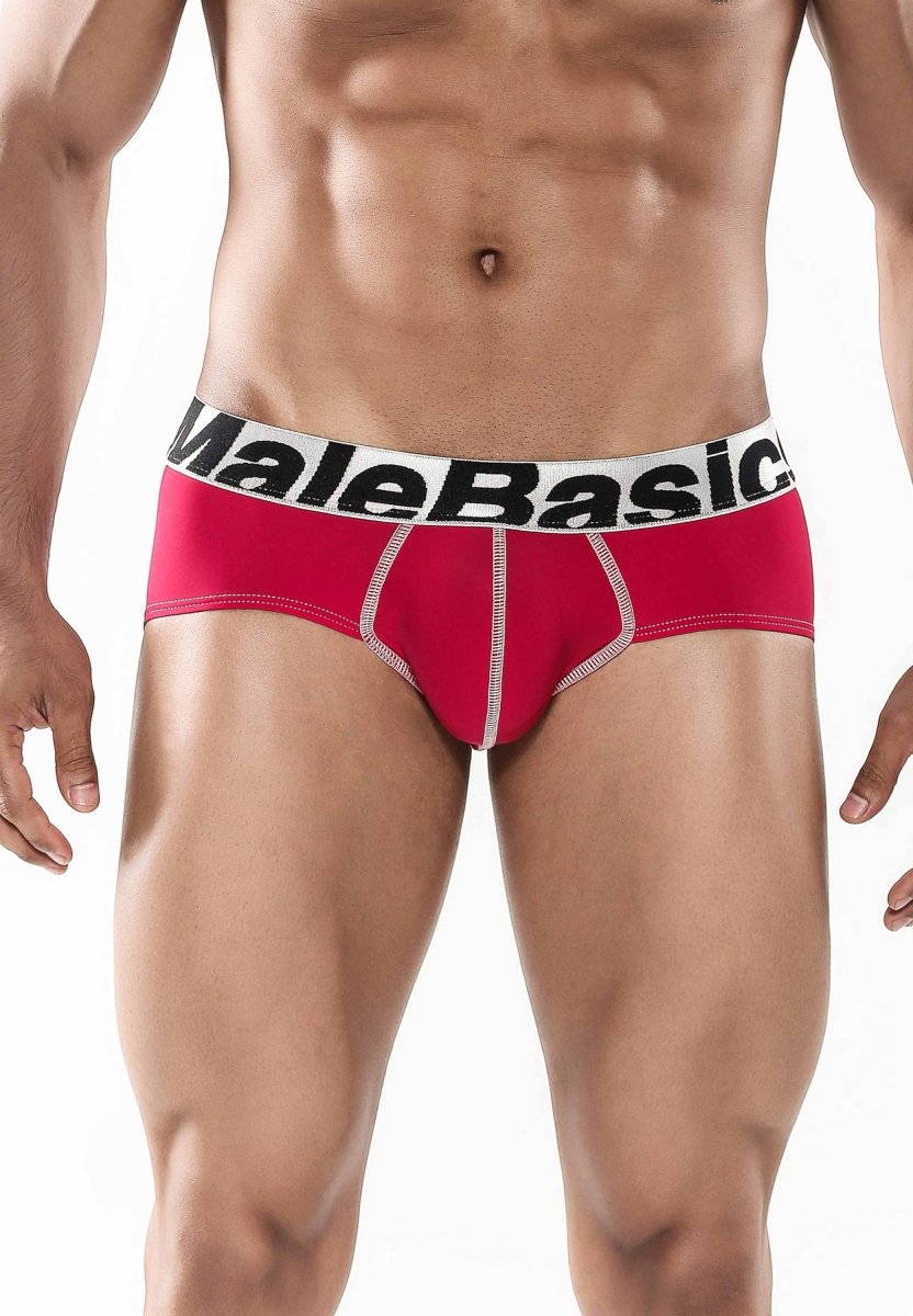 Malebasics men’s sports performance hip brief in red with white waistband featuring black lettering and white stitching