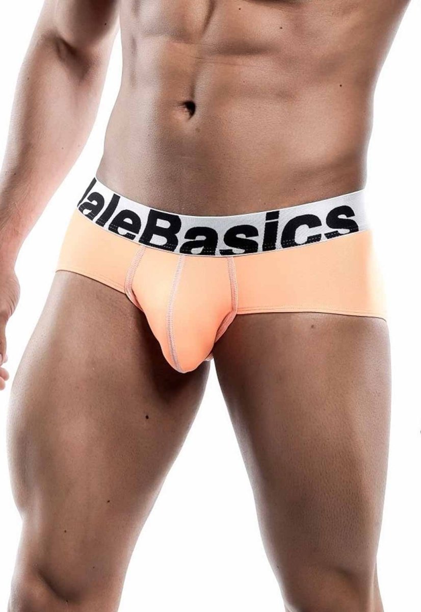 Malebasics men’s sports performance peach briefs with white logo waistband designed for comfort and support
