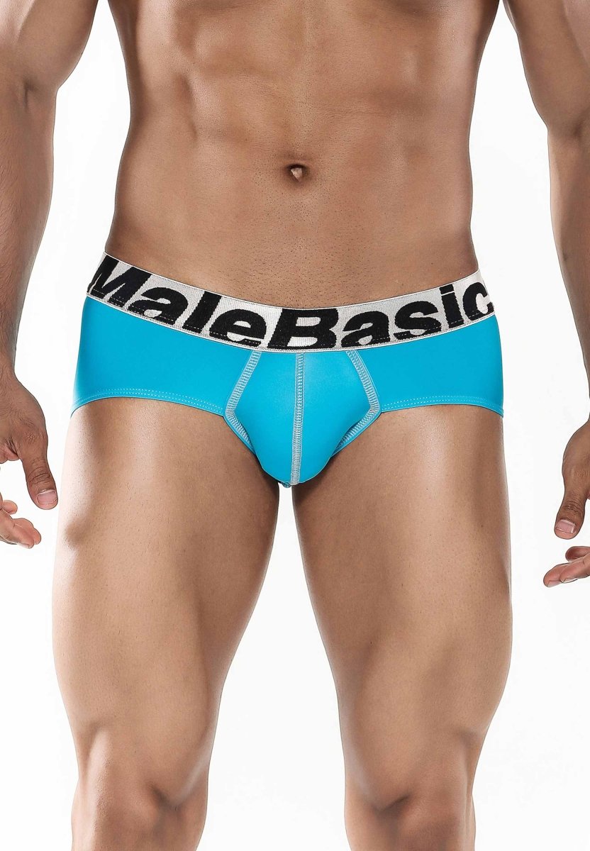 Malebasics men sports performance bright blue briefs with white waistband and black lettering for active wear